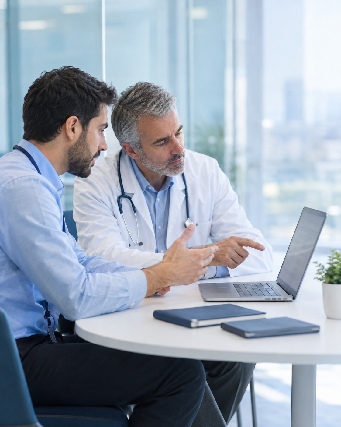 Two clinicians reviewing the AEcelerate Vault dashboard together on a laptop