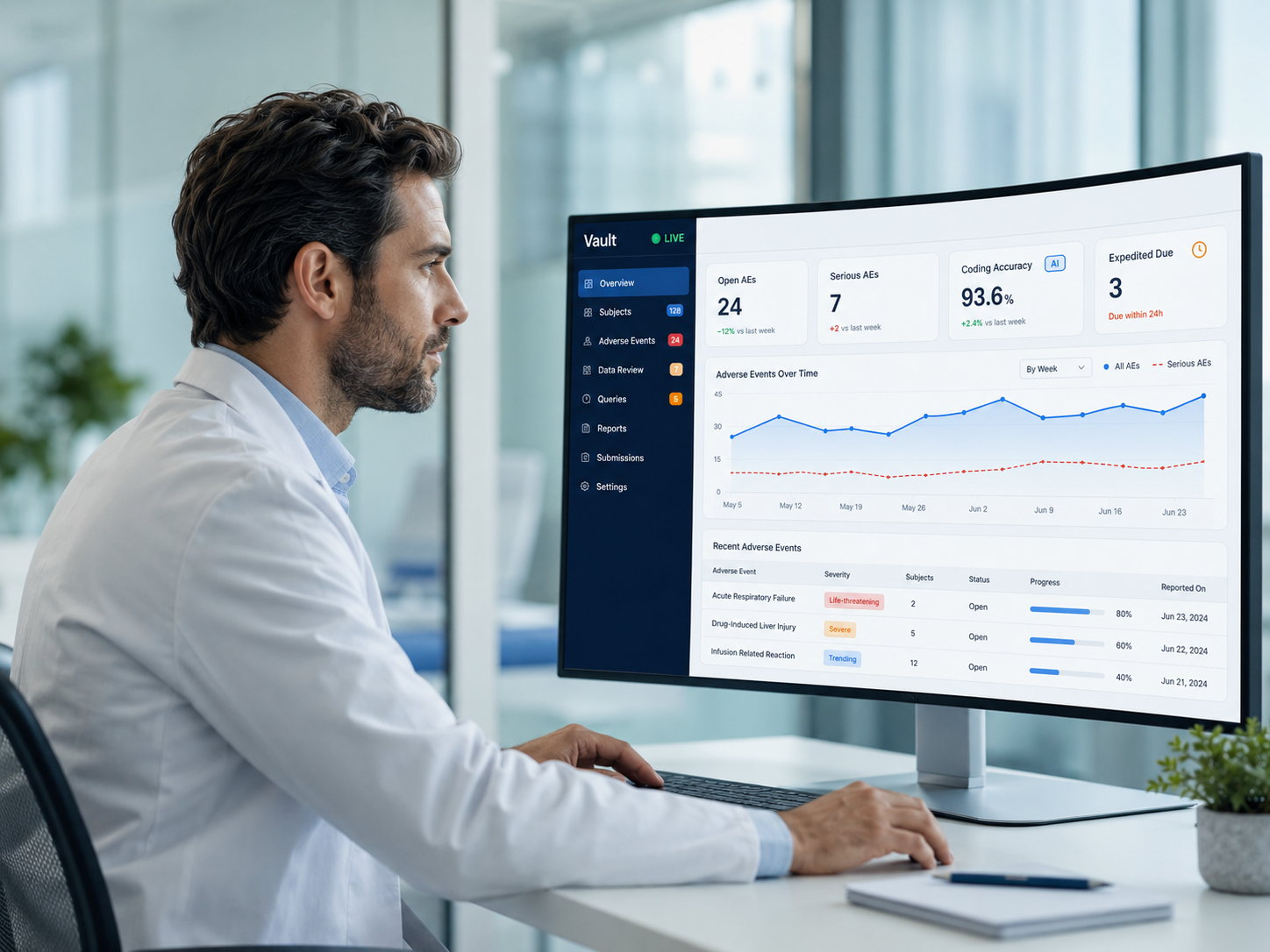 Clinical researcher using AEcelerateVault for real-time trial oversight