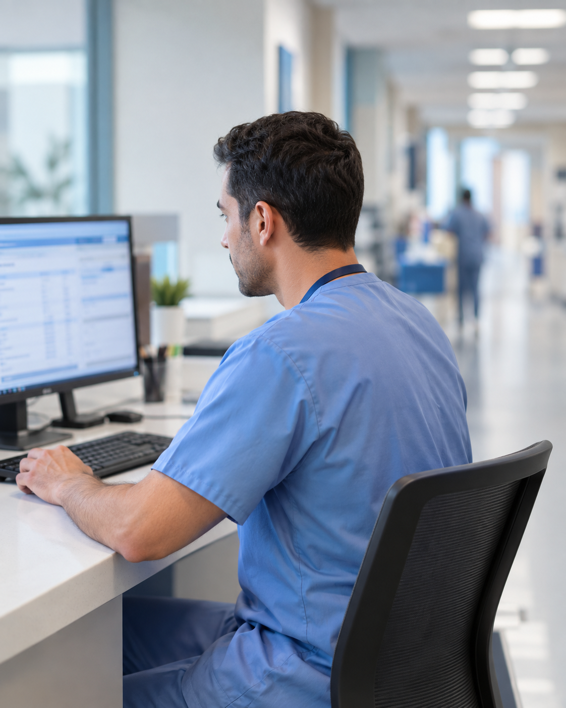 Clinical research coordinator reviewing a patient chart at a hospital workstation
